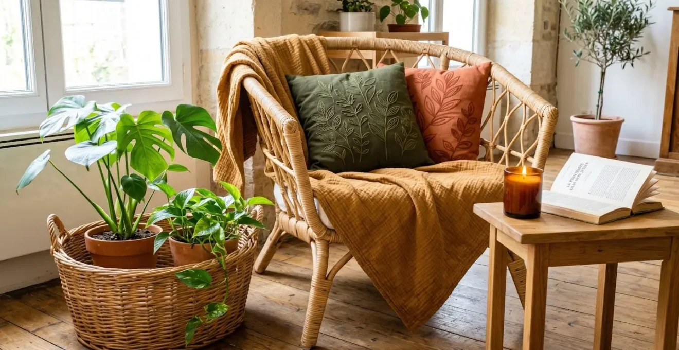 Gros plan sur angle de salon français avec fauteuil en rotin clair drapé d'un plaid ocre et de coussins aux motifs végétaux vert olive et terracotta, panier en osier au sol contenant plantes vertes monstera et pothos, petite table en bois avec bougie allumée et livre ouvert en français, baigné de lumière naturelle chaude de printemps