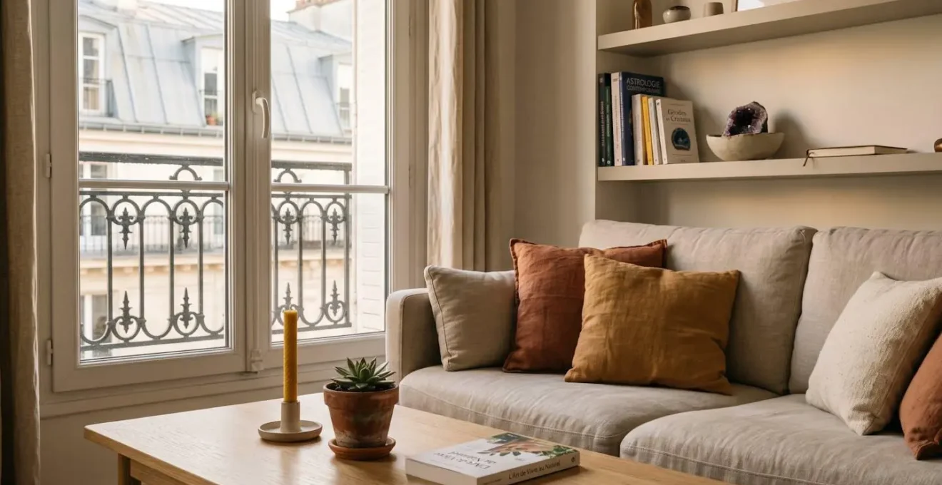 Salon contemporain français avec canapé en lin beige, coussins aux teintes chaudes ocre et terracotta, table basse en bois clair portant bougie et plante grasse, étagère murale avec cristal et livres d'astrologie, baigné de lumière dorée naturelle de fin d'après-midi entrant par fenêtre donnant sur balcon parisien