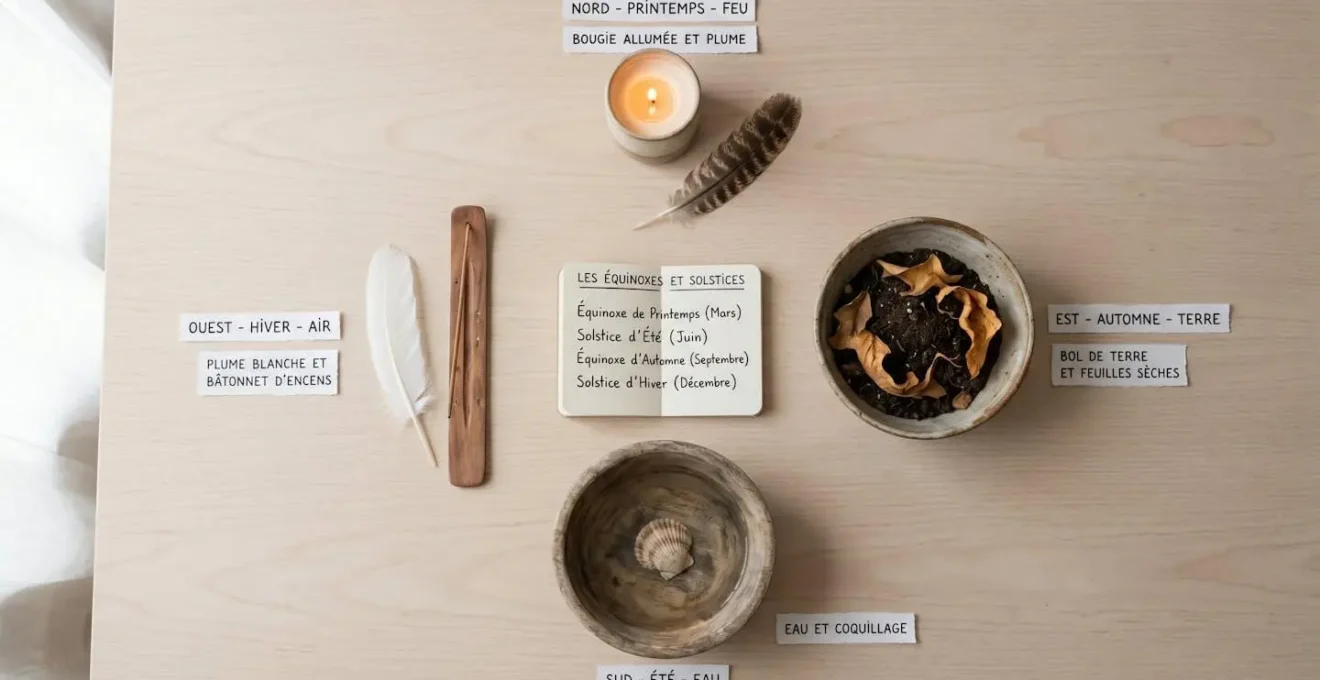 Vue du dessus d'une table en bois clair montrant quatre groupes d'objets naturels disposés en cercle : bougie rouge et plume (Feu), bol de terre et feuilles séchées (Terre), bol d'eau et coquillage (Eau), plume blanche et encens (Air), avec au centre un calendrier ouvert sur les dates d'équinoxe et solstice en français