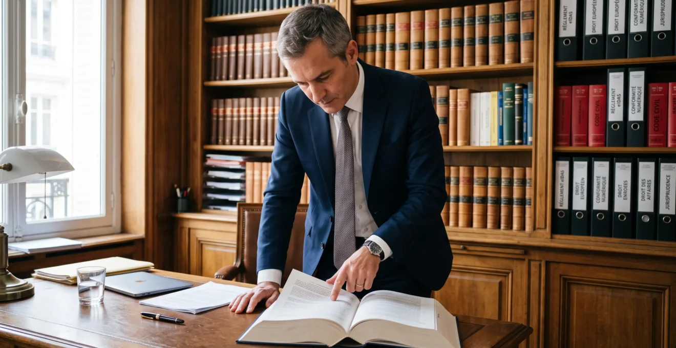 Un juriste d'entreprise consultant de la documentation réglementaire sur le règlement eIDAS et la conformité des recommandés électroniques dans un cabinet juridique.