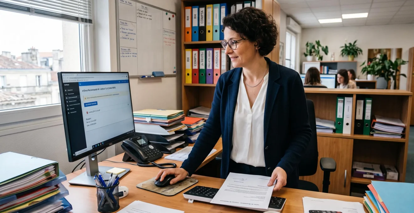 Une responsable administrative debout dans un service administratif d'entreprise, finalisant l'envoi d'un recommandé électronique certifié depuis son poste de travail, environnement de bureau moderne avec classeurs et dossiers.