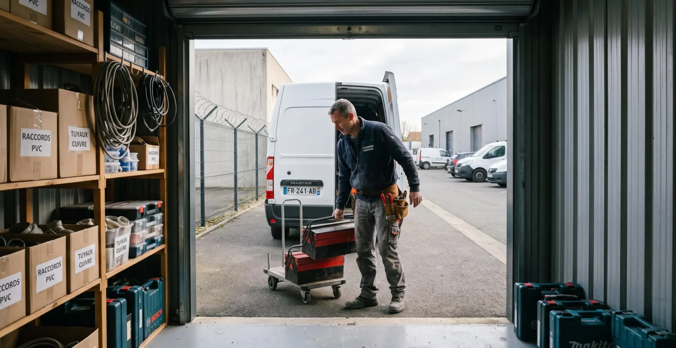 Un plombier transfère des caisses d'outils organisées depuis un box de self-stockage vers sa camionnette utilitaire garée devant la porte ouverte.