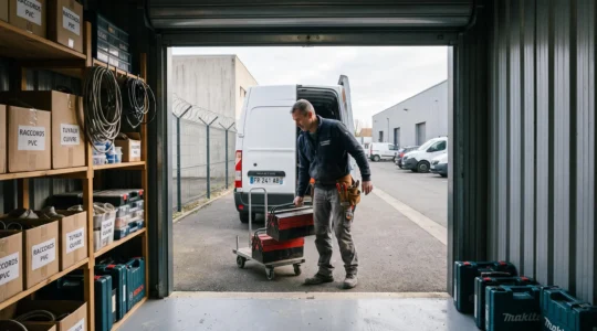 Un plombier transfère des caisses d'outils organisées depuis un box de self-stockage vers sa camionnette utilitaire garée devant la porte ouverte.