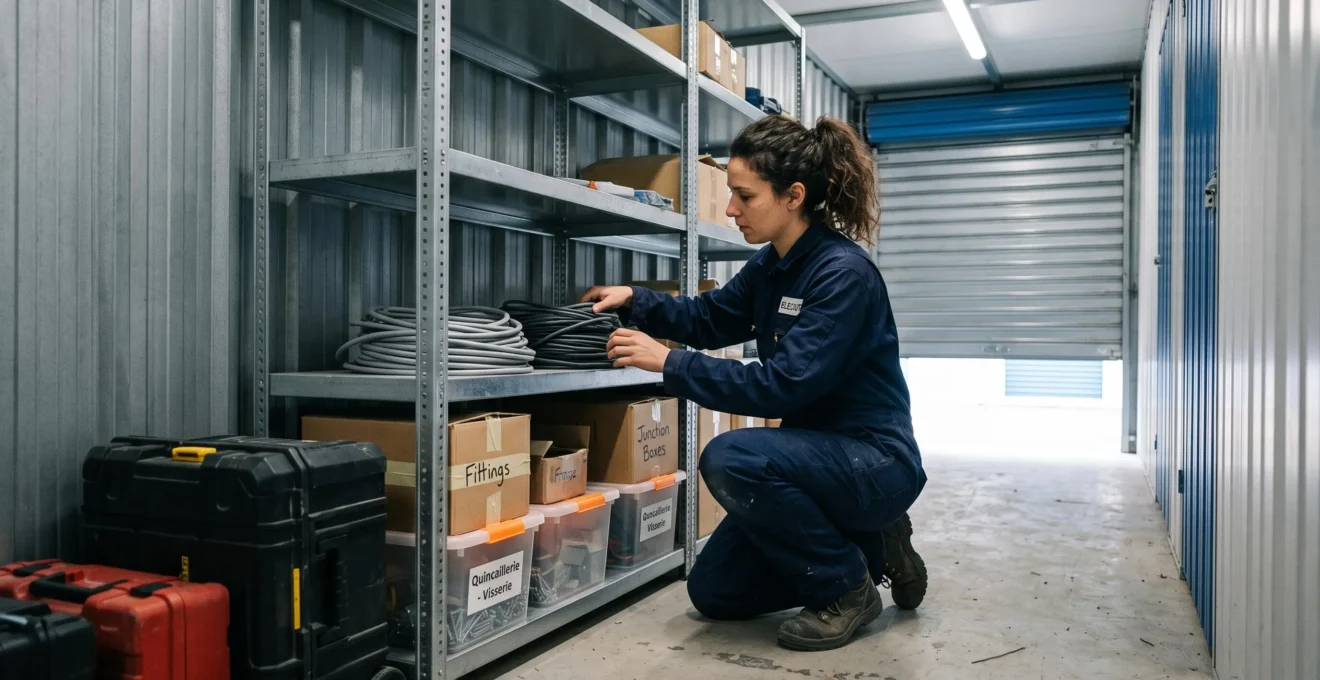 Une électricienne range des consommables sur des étagères métalliques à l'intérieur d'un box de self-stockage.