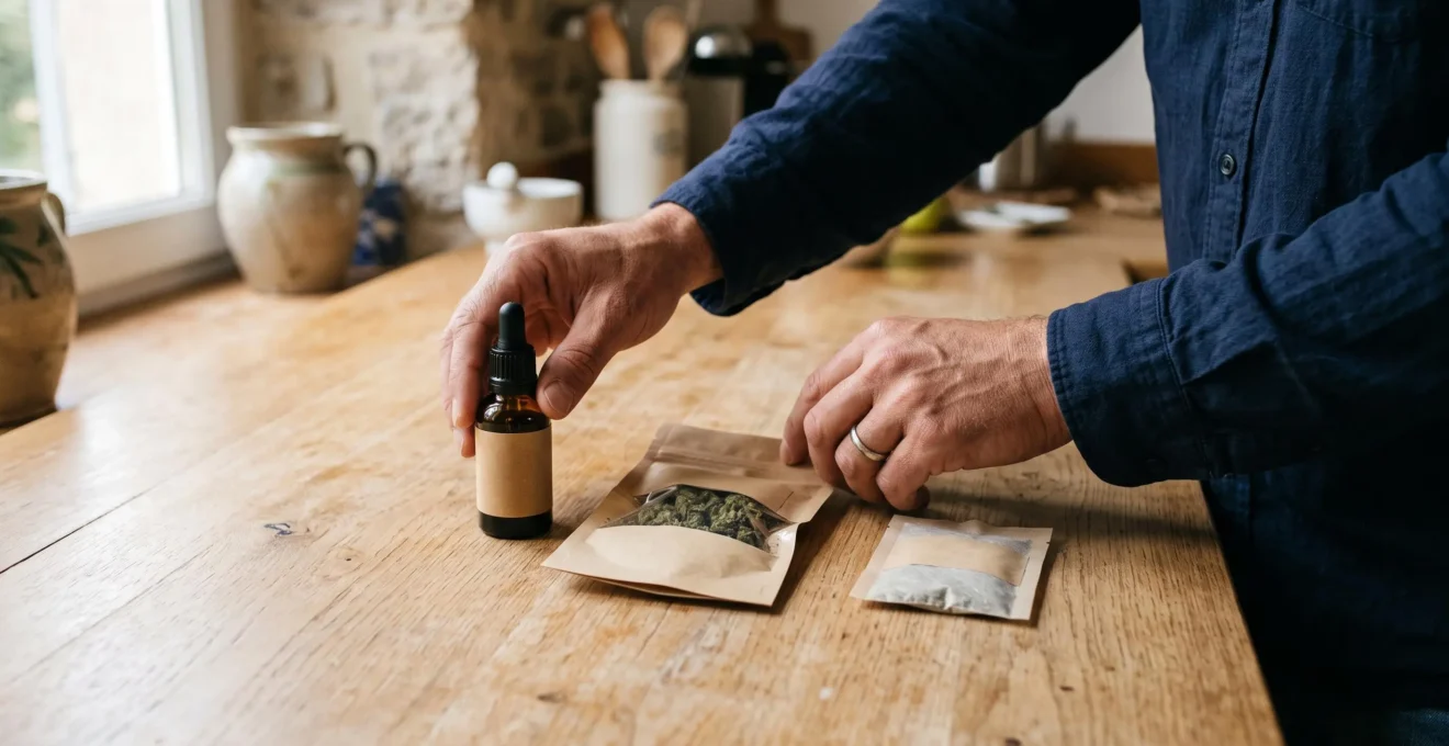 Gros plan sur des mains alignant une huile CBD, un sachet de fleurs de chanvre et une tisane sur un plan de travail en bois.