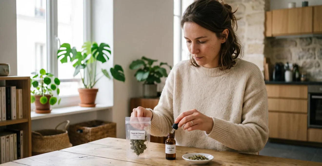 Une femme compare une huile CBD, des fleurs de chanvre et une tisane disposés sur une table avant de composer sa commande en ligne.