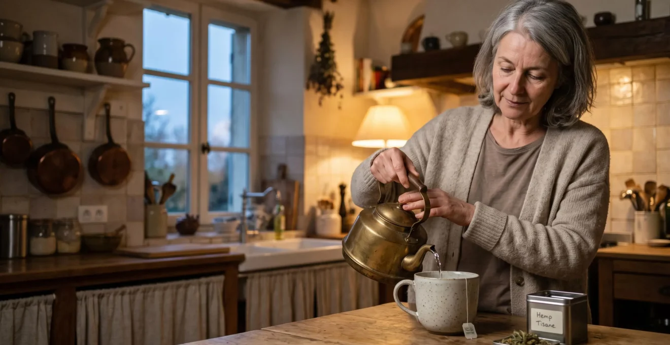 Une femme verse de l'eau chaude dans une tasse de tisane au chanvre dans une cuisine au début de la soirée.