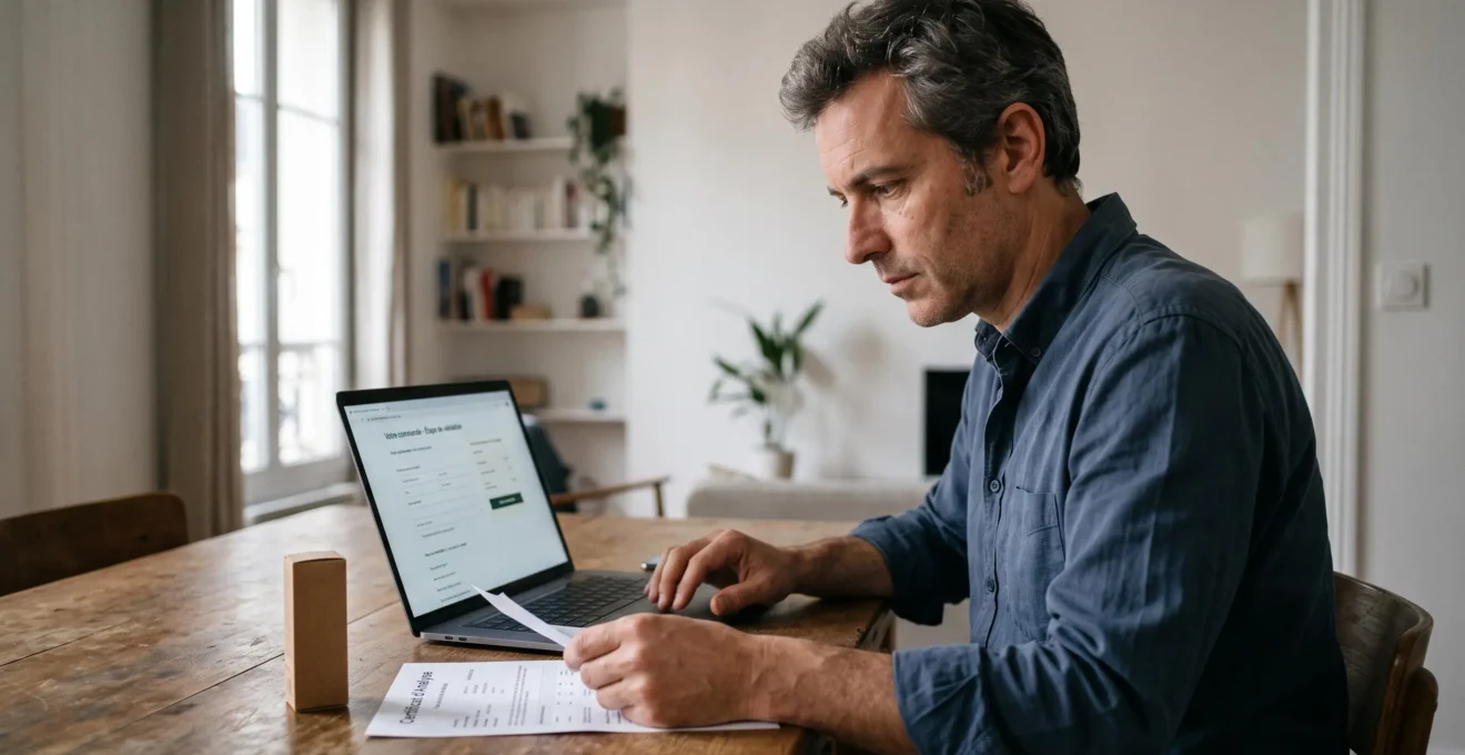 Un homme compare les informations d'un produit CBD sur son ordinateur portable avec un certificat d'analyse posé à côté.